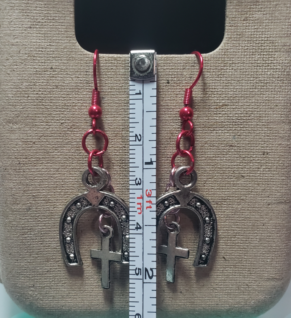Pink Horseshoe & Cross Earrings