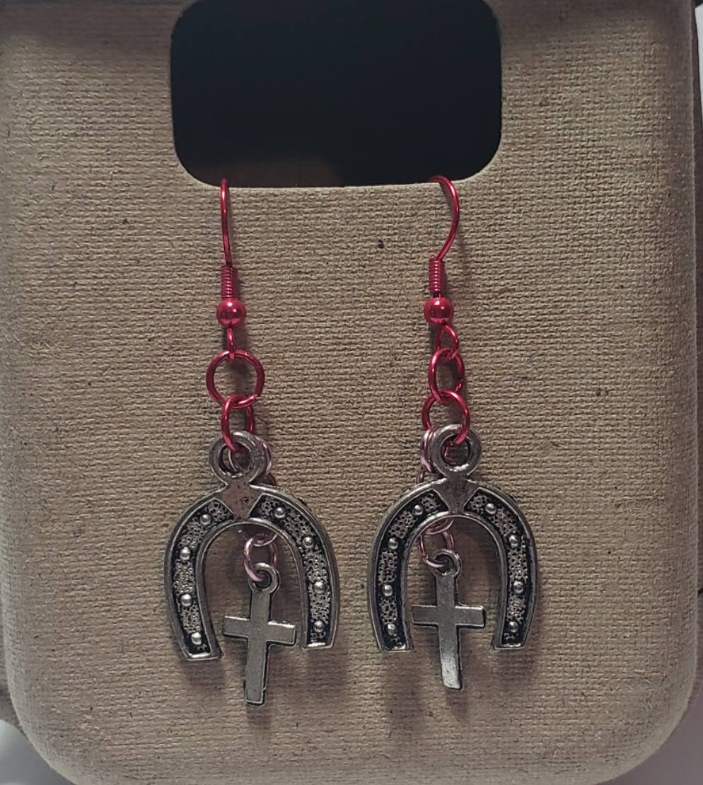 Pink Horseshoe & Cross Earrings