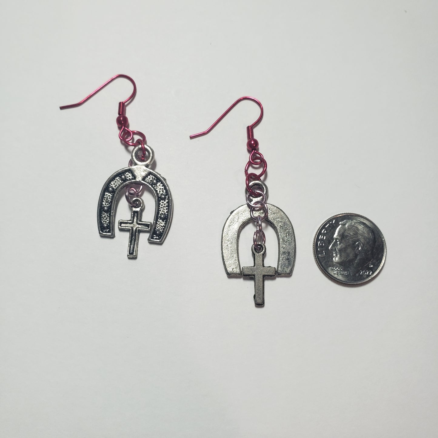 Pink Horseshoe & Cross Earrings