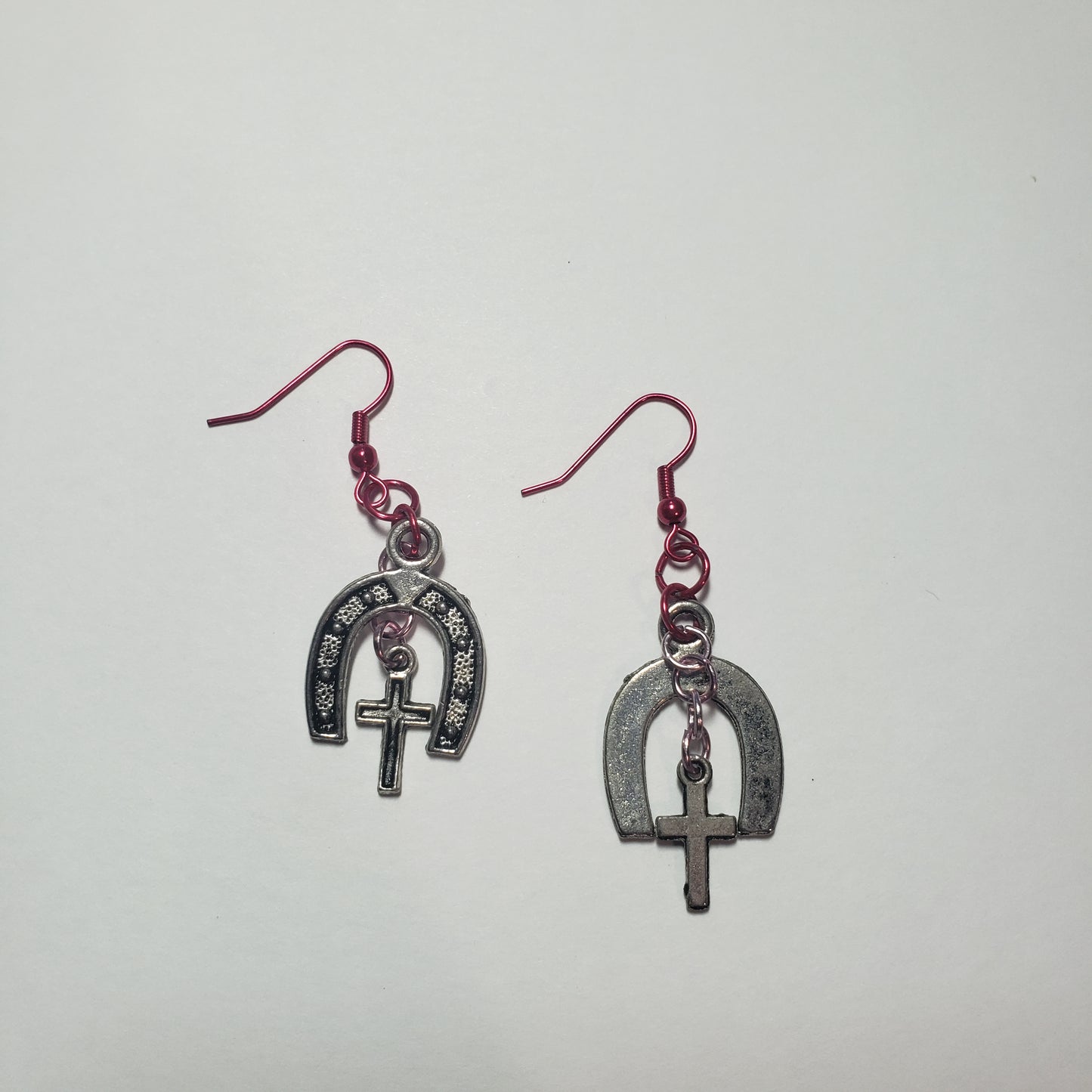 Pink Horseshoe & Cross Earrings