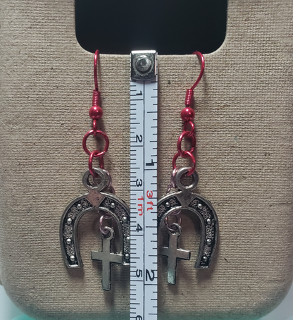 Pink Horseshoe & Cross Earrings