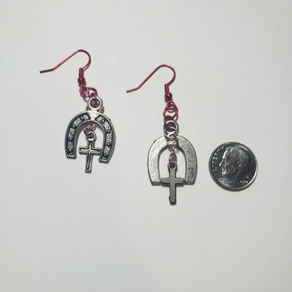 Pink Horseshoe & Cross Earrings
