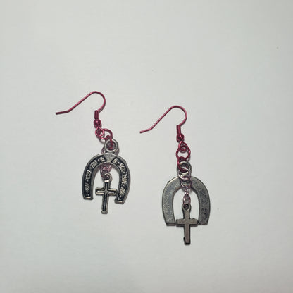 Pink Horseshoe & Cross Earrings